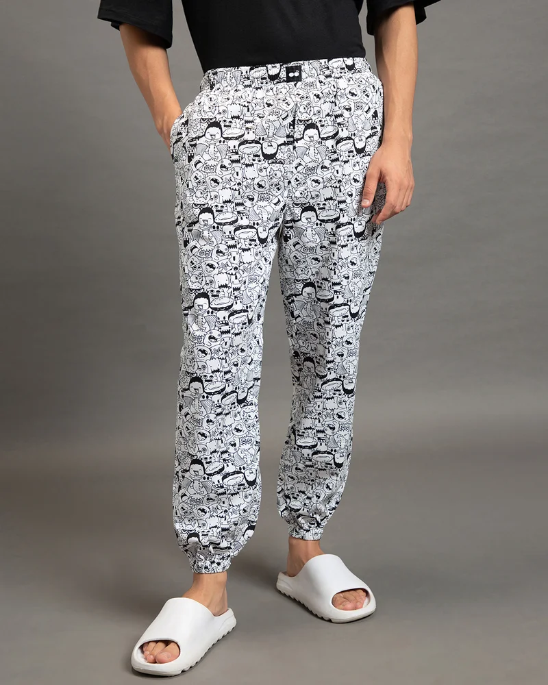 bewakoof Men's White All Over Printed Pyjamas